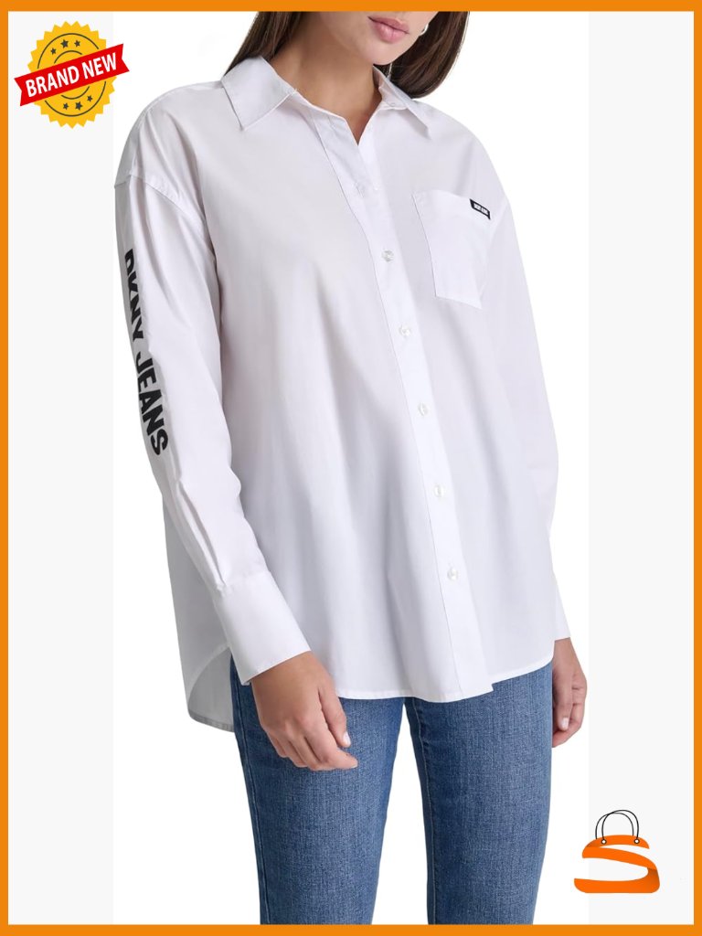 Long Sleeve Poplin Button Down Shirt With Logo On Arm